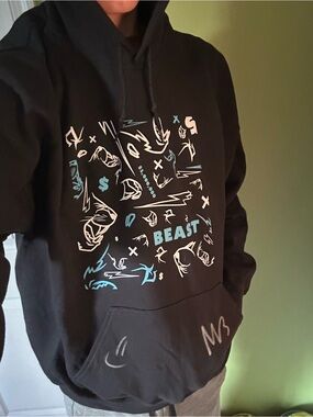 Men’s Large MrBeast Signed Hoodie Black with Sky Blue / White Graphics
